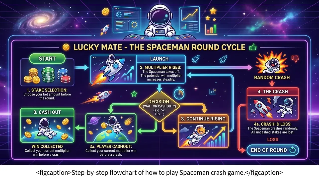Step-by-step flowchart of how to play Spaceman crash game