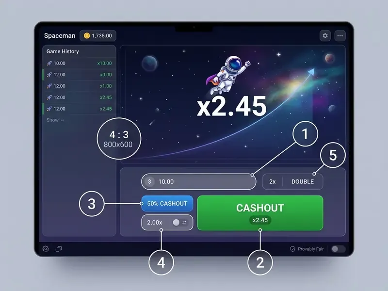 Spaceman game interface crash game controls annotated